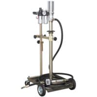 Sealey AK4563D oil dispensing system, air operated, with metal frame, hose, and wheels for mobility.