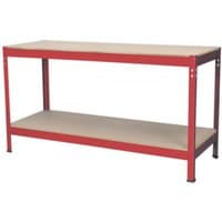 Red steel workbench with wooden top and lower shelf, 1.53 meters long.