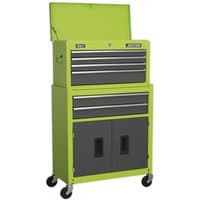 Hi-Vis green and grey Sealey tool chest with six ball-bearing drawers and a rollcab, featuring a top lid and wheels.