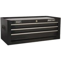 Black Sealey mid-box with three drawers, ball-bearing slides, side handles, and branded logo on the top left.