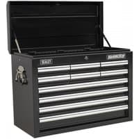 Black Sealey topchest with 10 drawers, ball-bearing slides, and silver handles.