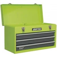 Green and grey Sealey tool chest with three drawers, ball-bearing slides, and metal latches, open lid.