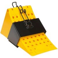 Yellow Sealey wheel chock with black bracket, featuring perforated design and sturdy metal clips.