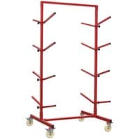 Red Sealey double-sided bumper rack with four levels, angled arms, and swivel caster wheels.