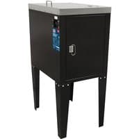 Black Sealey spray gun cleaning tank with silver top, door handle, and four sturdy legs, designed for two guns.