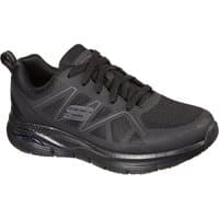 Black Skechers workwear shoe with mesh upper, lace-up design, and Arch Fit support, size 11.