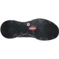 Black Skechers work shoe sole with textured grip pattern and red Arch Fit logo in the center.