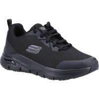 Black Skechers Arch Fit Sr shoes, lace-up design, slip-resistant sole, mesh upper, size 7.