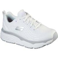 White Skechers workwear shoes with thick cushioning, lace-up design, and slip-resistant sole.