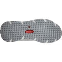 Grey Skechers Workwear shoe sole with diamond pattern, red logo, and white cushioning accents, size 8.
