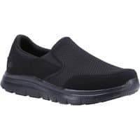 Black Skechers slip-resistant work shoe, mesh upper, elastic side panels, padded collar, thick rubber sole.