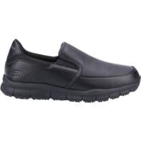 Black Skechers Nampa Annod slip-on work shoes with cushioned sole and smooth leather upper, size 4.