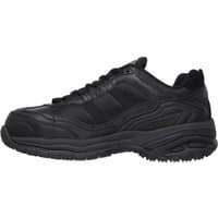 Black Skechers Workwear Soft Stride Grinnell safety shoe with lace-up design and textured sole, size 8.