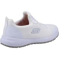 White Skechers workwear shoe with gray sole, lace-up design, and "S" logo on the side.