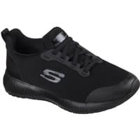 Black Skechers workwear shoe, lace-up design, slip-resistant sole, with silver logo on the side.