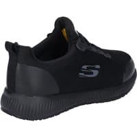 Black Skechers workwear shoe with slip-resistant sole, lace-up front, and "S" logo on the side.