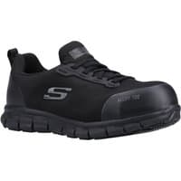 Black Skechers safety shoes with alloy toe, slip-resistant sole, and lace-up design, featuring Skechers logo.