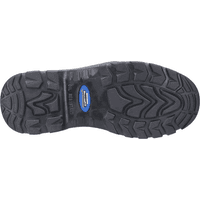 Black Skechers Workshire safety boot sole with rugged tread pattern and blue Skechers logo.
