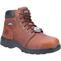 Brown Skechers Workshire safety boot, leather upper, black padded collar, lace-up, rugged black sole, size 11.