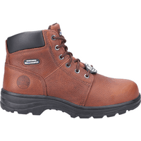 Brown Skechers Workshire safety boot, size 7, with black padded collar, metal eyelets, and rugged black sole.