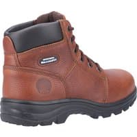 Brown Skechers Workshire safety boot, size 9, with black padded collar, lace-up front, and rugged black sole.