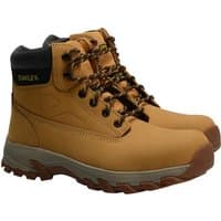 Honey-colored Stanley safety boots with black collar, metal eyelets, and brown laces, UK size 10, EUR 44.