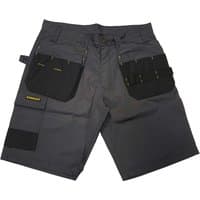 Gray Stanley men's work shorts with black holster pockets and yellow logo on left pocket.