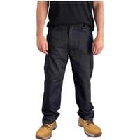 Stanley Mens Texas Cargo Work Trousers, black with multiple pockets, worn by model with tan work boots.