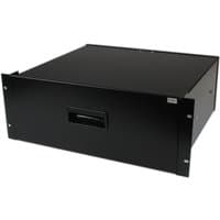 Black steel 4U storage drawer for 19in racks, rectangular with front handle and sleek design by StarTech.com
