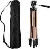 Champagne-colored lightweight tripod with adjustable legs, black head, and carrying bag for DSLR cameras.