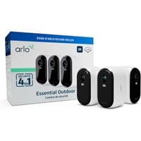 Arlo Essential 2K Outdoor Security Camera 3-pack, white and black, with box showing camera images and features.