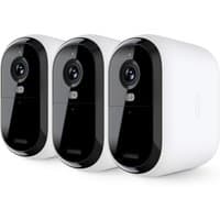 White Arlo Essential 3 XL 2K security cameras, sleek black front with lens and sensor, set of three.