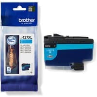 Brother LC-427XLC cyan ink cartridge, high yield, in blue and black casing with packaging displaying product details.