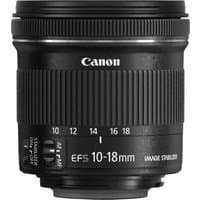 Canon EF-S 10-18mm f/4.5-5.6 IS STM lens, black, with zoom and focus rings, image stabilizer, and Canon logo.