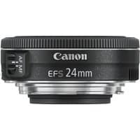 Black Canon EF-S 24mm f/2.8 STM lens with silver mount, AF/MF switch, compact pancake design.