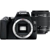 Black Canon EOS 250D SLR camera with EF-S 18-55mm lens, 24.1 MP, featuring a large LCD screen and ergonomic grip.