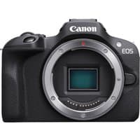 Black Canon EOS R100 APS-C mirrorless camera body with prominent lens mount and textured grip.