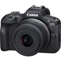Canon EOS R100 black mirrorless camera with RF-S 18-45mm lens, textured grip, and prominent Canon logo on top.