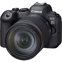 Canon EOS R6 Mark II mirrorless camera with RF 24-105mm lens, black body, textured grip, and prominent Canon logo.