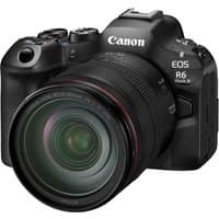 Canon EOS R6 Mark III mirrorless camera with black body and RF 24-105mm F4L IS USM lens, red ring on lens barrel.