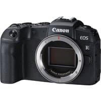 Black Canon EOS RP mirrorless camera body with textured grip, prominent Canon logo, and lens mount exposed.