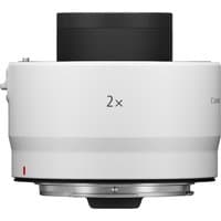White Canon Extender RF 2x lens accessory with black mount and red alignment dot.