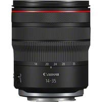 Black Canon RF 14-35mm F4L IS USM lens with red ring, textured focus ring, and visible focal length markings.