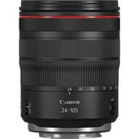 Black Canon RF 24-105mm F4L IS USM lens with red ring, zoom markings, and textured grip.