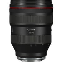 Black Canon RF 28-70mm F2L USM Lens with red ring, textured zoom ring, and Canon logo on the barrel.