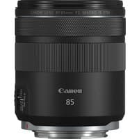 Black Canon RF 85mm F2 Macro IS STM lens with textured focus ring and silver mount.