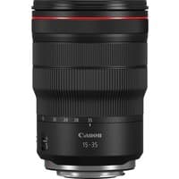 Black Canon RF 15-35mm F2.8L IS USM lens with red ring, textured zoom grip, and silver mount.