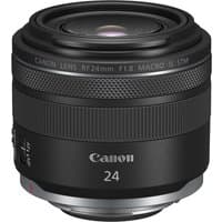 Black Canon RF 24 mm F1.8 Macro IS STM lens with textured focus ring and sleek design.