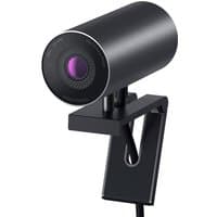 Black cylindrical Dell UltraSharp Webcam with a purple lens, mounted on a sleek adjustable clip.