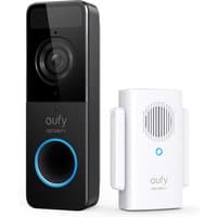 Black Eufy Wi-Fi video doorbell with blue LED ring and white chime unit, 1080p resolution by Anker.